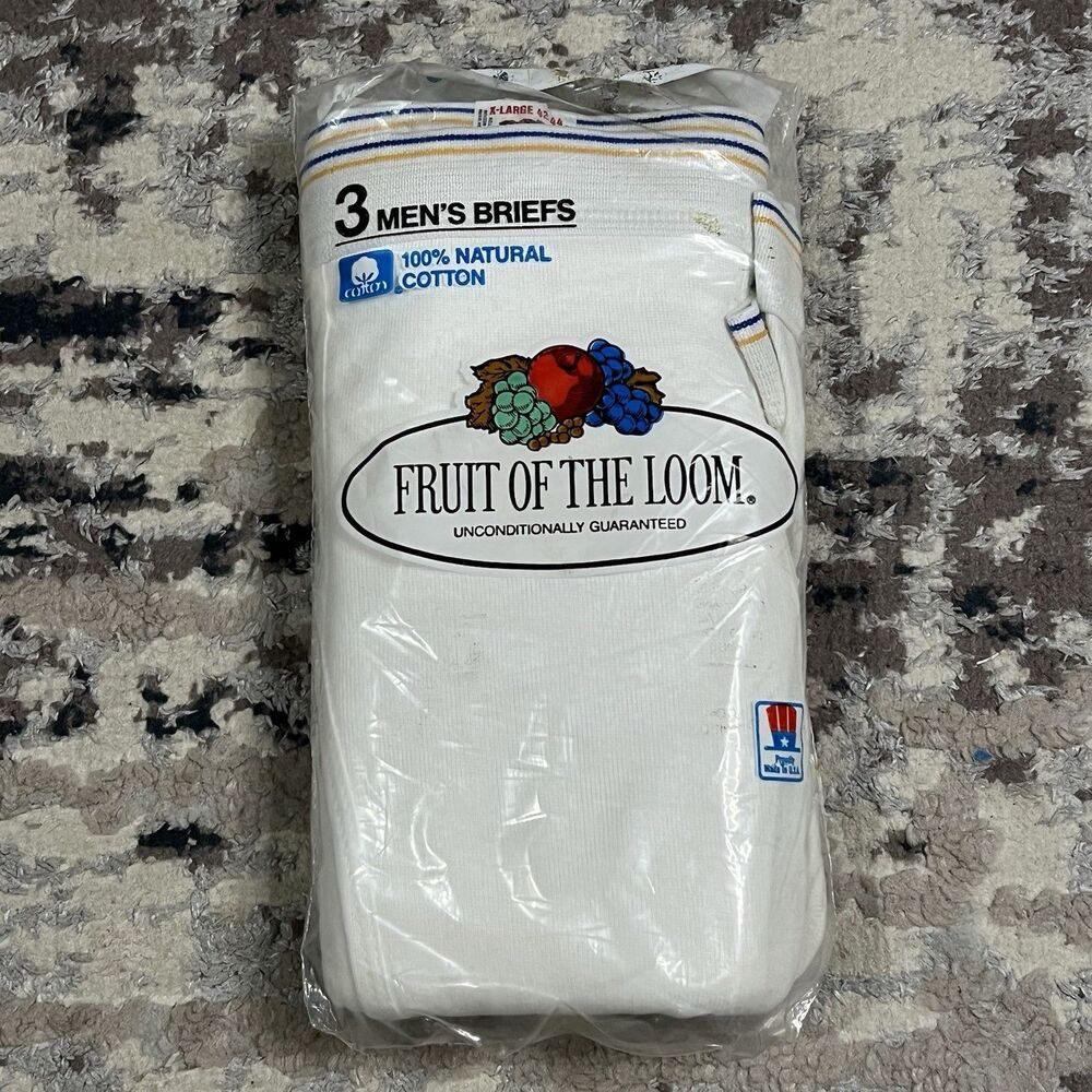 Vintage Fruit of the Loom Men 3 Pack XL 42-44 Cotton Briefs 1984 Deadstock